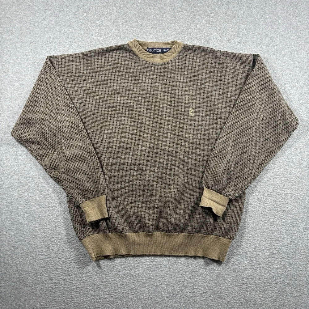 Vtg 90s Nautica Textured Knit Sweater Mens XL Brown Tan Cotton Crewneck Coastal